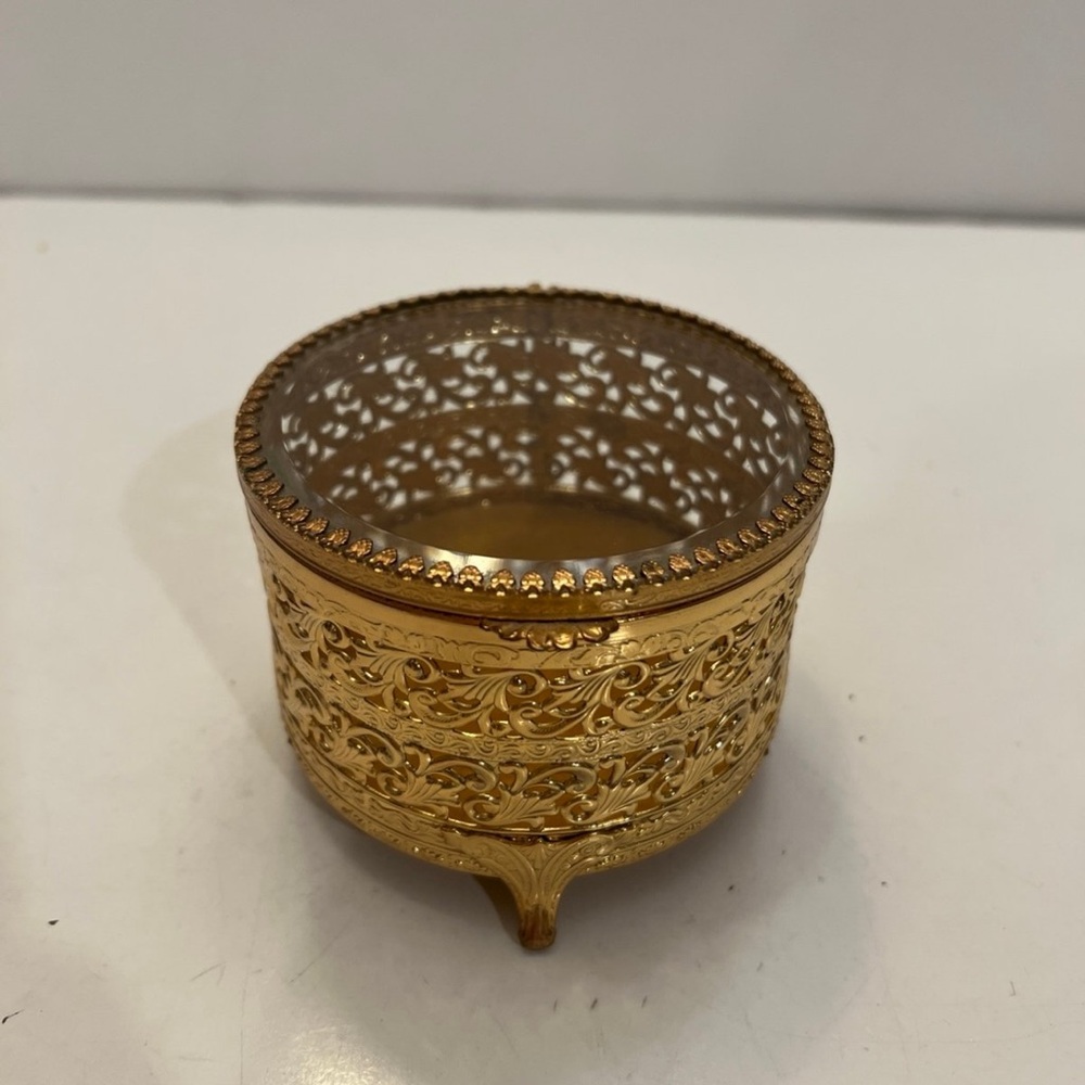 Ormolu Trinket Round Jewelry Box Gold Filigree Beveled Glass HInged Lid Vintage